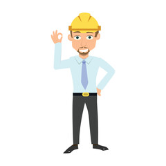 Cheerful construction worker or engineer making an "OK" gesture with his hand. Concept of approval, perfection, and positive feedback
