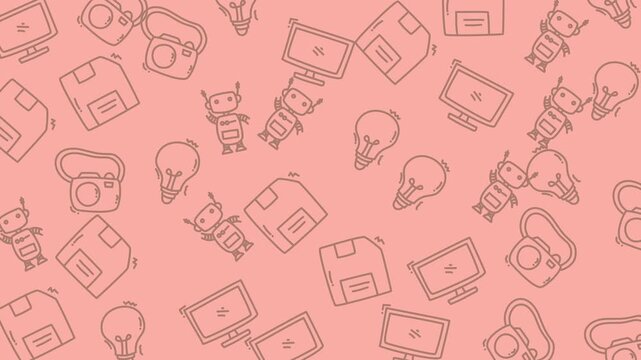 Tech holiday pattern with camera, floppy disk, monitor, bulb, and robot doodles. Perfect for festive tech celebrations and technologythemed designs.