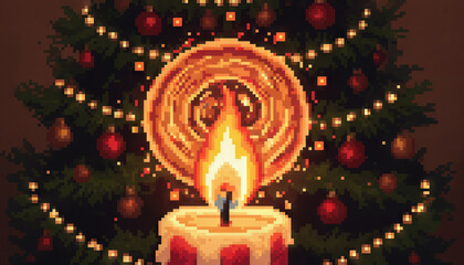 A candle flame pixel art christmas tree holiday decor warm light festive glow red ornament string lights pine tree cozy mood nostalgic style winter night soft bokeh wax candle golden spark