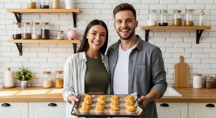 Happy young couple showing off a tray of freshly baked muffins in their modern kitchen