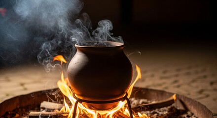 Earthen pot cooking over an open flame with rising smoke  