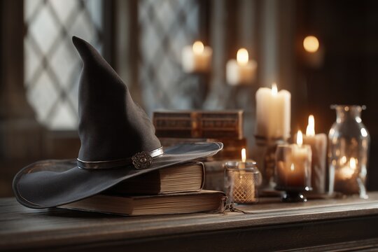 A dark witch's hat rests atop ancient books, surrounded by flickering candles and mystical artifacts, evoking a sense of sorcery and ritual. - Powered by Adobe