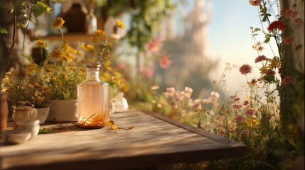 Magical garden scene with a bottle on a table and flowers in the sunlight