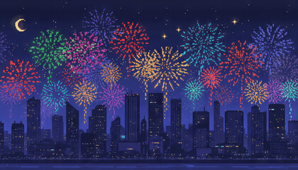 A fireworks night city skyline celebration festival colorful neon pixel art urban crescent moon glows above colorful fireworks over night city skyline, festive mood sparkles across urban towers