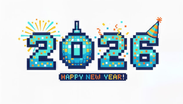A 2026 pixel art new year festive number design blue confetti celebration party hat disco ball fireworks retro video game style colorful typography cheerful holiday vibe clean white background