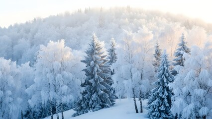 Serene winter forest landscape with frosty trees and soft morning light isolated on White Background
