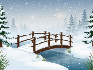 Wooden snow-covered bridge over icy stream in a serene winter forest landscape