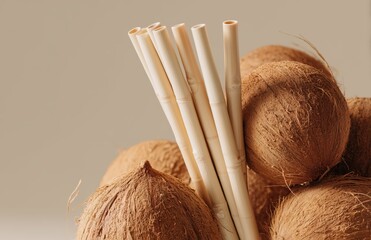Eco coconut drinking straws with whole coconuts