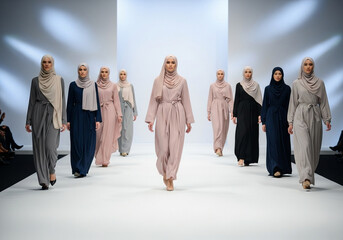 Muslim women modeling hijab fashion on runway during fashion show  