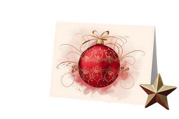 A beautifully illustrated Christmas card featuring a vibrant red and gold bauble with a star ornament resting beside it, conveying holiday cheer.