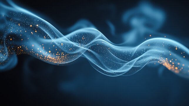 Dynamic blue smoke swirls with shimmering golden particles, creating a striking visual effect against a deep black backdrop. Evokes luxury, energy, and movement.