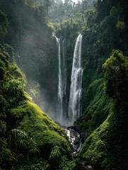 Sacred Twin Falls Plunge into a Sun-Kissed, Mist-Shrouded Jungle Gorge.