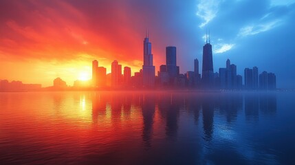 Obraz premium A stunning futuristic cityscape featuring towering skyscrapers mirroring vibrant colors and dynamic lighting effects in calm water during sunrise or sunset.