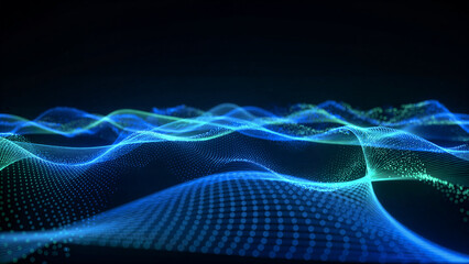 Abstract blue wave background with glowing fractal lines and digital grid pattern