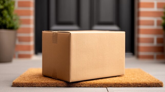 A neatly placed cardboard package sits on a warm welcome mat outside a welcoming door. Sunlight shines brightly, highlighting the texture of the box and mat