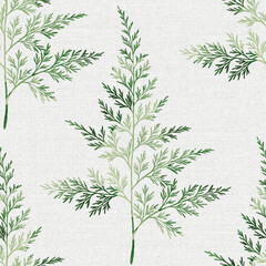 Green watercolor fern branches seamless pattern, on grey textile linen background. Botanical illustration.