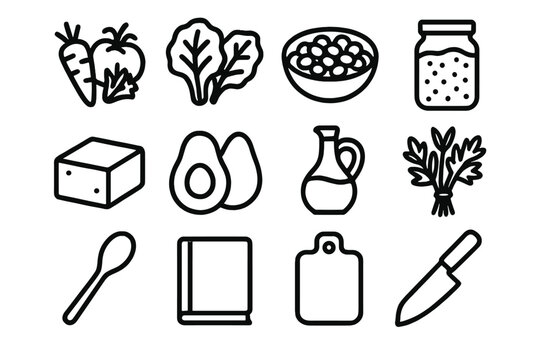 Plant-Based Kitchen Icons. Plant-Based Recipe Essentials linear icon set. fresh vegetables, leafy greens, legumes bowl, grains jar, tofu block, avocado, olive oil bottle, herbs
