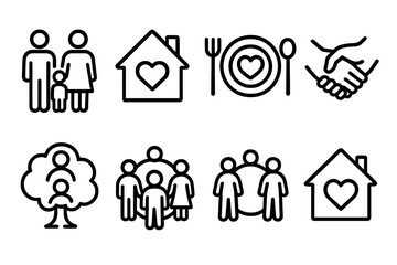 Family Unity Icons. Family Icons linear icon set: parent figures, child silhouette, heart home, shared meal symbol, bonding hands, family tree, unity circle, warm house