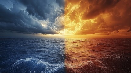 A dramatic and powerful image showcasing a split ocean scene with a vibrant fiery sunset contrasting with a turbulent, stormy sky. Evokes feelings of awe, conflict, and natural power.