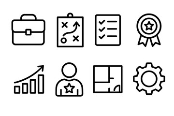 Professional Mastery Icons. Professional Mastery Set linear icon set: briefcase, strategy board, completed checklist, expertise badge, upward chart, leadership star, blueprint line