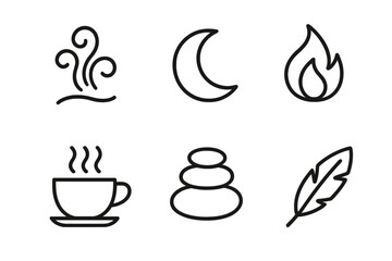 Relaxing Icons Set. Relaxation Mood linear icon set: steam swirl, moon, flame, tea cup, pebble stack, feather