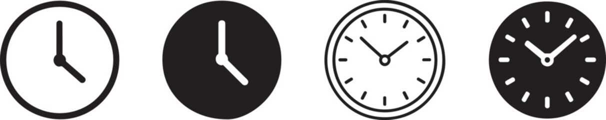 Clean silhouette clock icon set with simple time symbols, ideal for schedules, timers, and UI design.