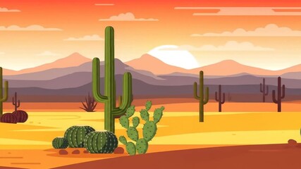 Animated desert landscape with cactus plants and mountains, Arizona nature scene