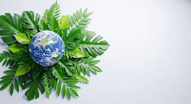 Earth globe surrounded by green leaves on a white background   - Powered by Adobe