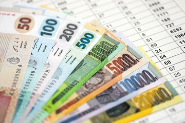 Congolese francs money bills banknotes on document with business calculations table close up. Business, investment and taxation in Democratic Republic of Congo