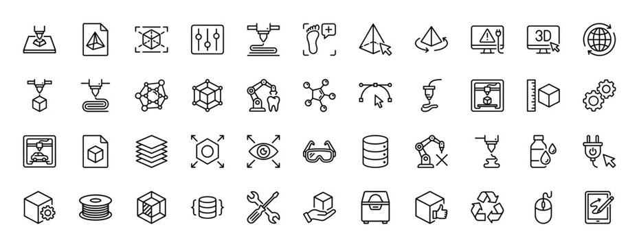 Additive manufacturing and 3d printing line icon set. Vector pictograms of settings, geometry, filament, robot arm, and tools, thin linear illustration.