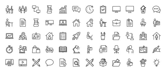 Fototapeta premium Business and remote work line icon set. Vector pictograms of clock, computer, meeting, coffee, document, laptop, briefcase, rocket, home and chat, thin linear illustration.