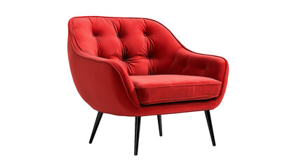 Red comfortable sofa armchair shown isolated on white background or transparent png, featuring soft upholstery, modern form, cozy seating, elegant style.