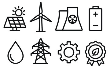 Sustainable Energy Icons. Sustainable Power Mix linear icon set. solar farm, wind turbine, nuclear plant, battery pack, water drop, transmission tower, gear, eco badge