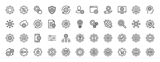 Technology and settings line icon set. Vector pictograms of configuration, customization, development, security, and integration, thin linear illustration.