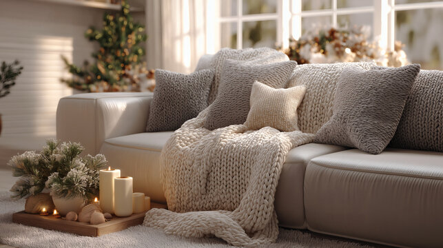 Cozy White Christmas Living Room Interior Decor - Powered by Adobe