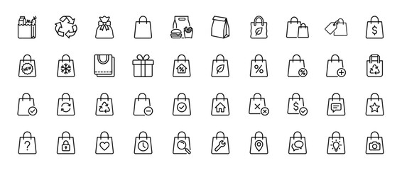 Shopping and e-commerce line icon set. Vector pictograms of bag, cart, sale, delivery, return, and recycle, thin linear illustration.