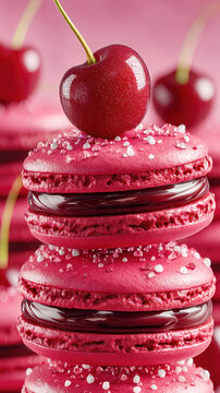 stack of bright pink cherry macarons with dark jam filling and a shiny cherry on top
