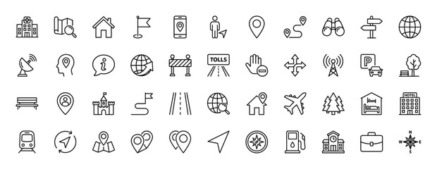 Navigation and map line icon set. vector pictograms of location pin, route, compass, and transport modes, thin linear illustration.