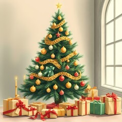 Christmas tree with gold and red ornaments