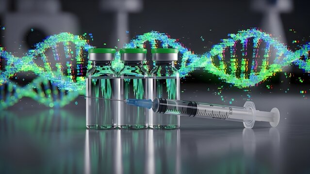A scientific still life: vaccine vials with green caps and a syringe, digitally interlaced with vibrant, glitching DNA helixes