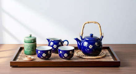 Blue porcelain tea set with bamboo handle on wooden tray  