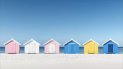 Six colorful beach huts stand on a white sandy beach under a clear blue sky. The huts are painted in various pastel colors.
