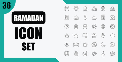 Ramadan icon set with thirty six icons present on transparent background silhouette