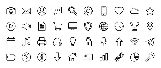 Fototapeta premium Universal user interface line icon set. Vector pictograms of envelope, chat bubble, cart, clock, and graph, thin linear illustration.