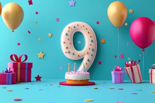 9th Birthday Celebration Display with Cake, Balloons, Gifts, and Confetti on a Teal Background