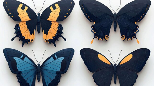 Four colorful butterflies with different wing patterns are displayed against a clean white background. - Powered by Adobe