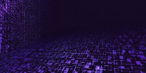 Glowing purple grid patterns extend into dark digital space creating an abstract depth illusion