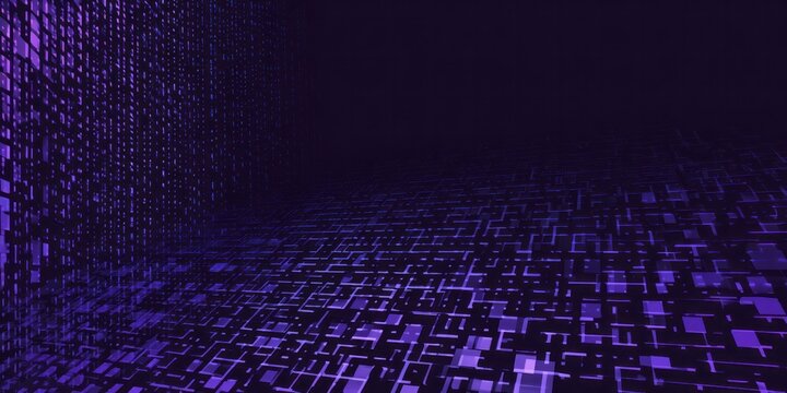 Glowing purple grid patterns extend into dark digital space creating an abstract depth illusion - Powered by Adobe