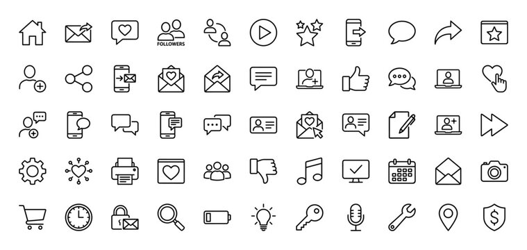 Social media and interface line icon set. Vector pictograms of chat, user, heart, email, like, share, calendar, camera, cart and settings, thin linear illustration.