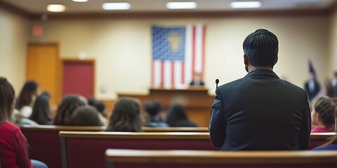 Migrant obtaining citizenship in courtroom with american flag